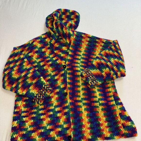 Vtg crochet Cardigan‎ Bold Colors Handmade Hooded Retro Artsy women’s SzM - Picture 5 of 10